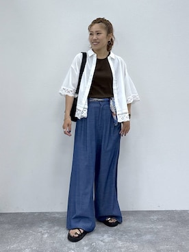 「GLOBAL WORK（グローバルワーク）のデニムライクパンツ/636574（その他パンツ、ブルー系）」を使った、MiCAさん（レディース・154cm）の夏コーディネート
