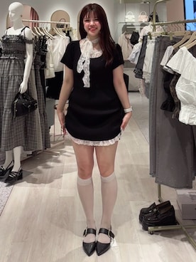 「one after another NICE CLAUP(ワンアフターアナザーナイスクラップ)の【Lace Collection】レースミニニットワンピース(ワンピース、ブラック系)」を使った、yuikaさん(レディース・159cm)の夏コーディネート