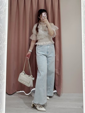 「one after another NICE CLAUP(ワンアフターアナザーナイスクラップ)の【SMサイズ展開あり】レース付きワイドデニムパンツ(デニムパンツ、ブルー系)」を使った、yuikaさん(レディース・159cm)の春コーディネート