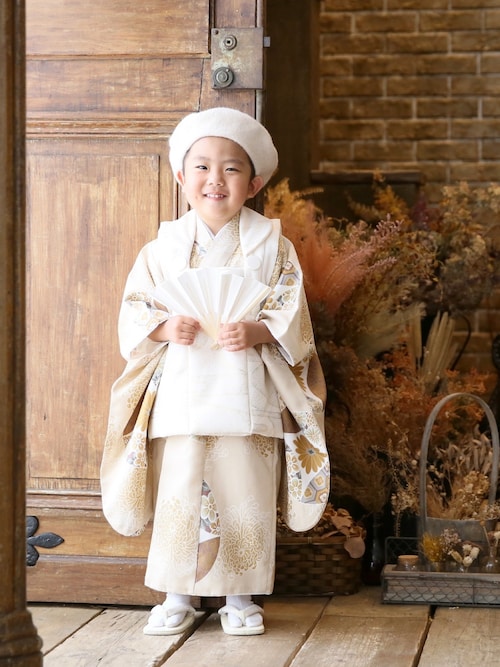 utatane ひよこ商店　七五三　3歳　男の子　クリーム金彩　エクリュ七宝 レンタル】七五三 3歳 男の子 ひよこ商店 被布セット 子供 kids