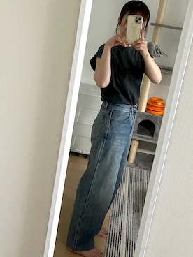 「UNIQLO（ユニクロ）のハイライズワイドストレートジーンズ（デニムパンツ）」を使った、JcoRo☀︎さん（レディース・158cm）の夏コーディネート