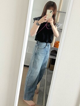 「UNIQLO（ユニクロ）のハイライズワイドストレートジーンズ（デニムパンツ）」を使った、JcoRo☀︎さん（レディース・158cm）の夏コーディネート