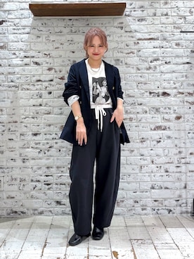 「PUAL CE CIN（ピュアルセシン）のウエストレイヤードスウェットパンツ（パンツ、ブルー系）」を使った、yukaさん（レディース・153cm）の春コーディネート