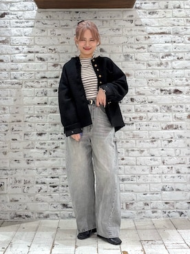 「PUAL CE CIN（ピュアルセシン）のセルビッチデニムワークパンツ（デニムパンツ、グレー系）」を使った、yukaさん（レディース・153cm）の春コーディネート