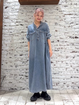 「PUAL CE CIN（ピュアルセシン）のヴィンテージデニムバンドカラーワンピース（ワンピース、ブルー系）」を使った、yukaさん（レディース・153cm）の秋コーディネート