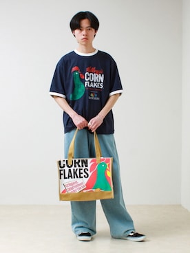 「FRUIT OF THE LOOM（フルーツオブザルーム）の【FTL × KELLOGGS】RINGER T-SHIRT（Tシャツ/カットソー、ブルー系）」を使った、reさん（メンズ・173cm）の春コーディネート