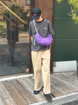 「SML（エスエムエル）の【SML/エスエムエル】CODE CROISSANT SHOULDER S ショルダーバッグ 撥水（ショルダーバッグ、パープル系）」を使った、reさん（メンズ・173cm）の夏コーディネート