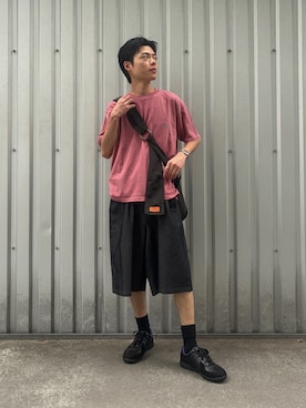 「SCREEN STARS（スクリーンスターズ）の【SCREEN STARS/スクリーンスターズ】杢ボディ染め 配色ロゴ クルーネックカラーＴシャツ（Tシャツ/カットソー、オレンジ系）」を使った、reさん（メンズ・173cm）の夏コーディネート