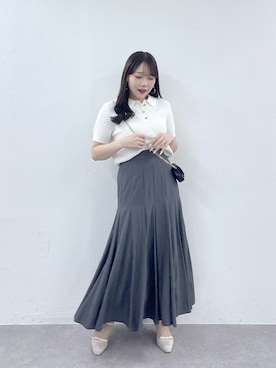 「La boutique BonBon（ラブティックボンボン）の【コロンとしたフォルムが可愛い】ペーパーヤーンポロニット（ニット/セーター、ホワイト系）」を使った、Rikoさん（レディース・158cm）の春コーディネート