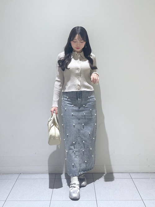 3サイズあり】パール付きデニムタイトマキシスカート（デニムスカート