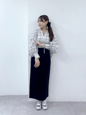 「La boutique BonBon（ラブティックボンボン）のシアーチェックリボンボリュームスリーブブラウス（シャツ/ブラウス、ホワイト系）」を使った、Rikoさん（レディース・158cm）の夏コーディネート