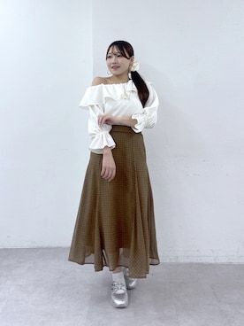 「La boutique BonBon（ラブティックボンボン）の【セット着用可能】スパンボイルチェックフレアスカート（スカート、ブラウン系）」を使った、Rikoさん（レディース・158cm）の夏コーディネート