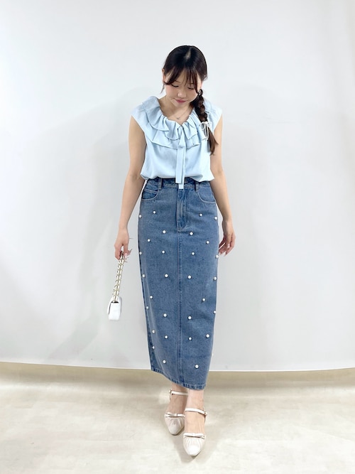 最終お値下げ⭐︎ラブティックボンボン　パール付きデニムタイトマキシスカート セール】【名品・復刻】パール付きデニムタイトマキシスカート