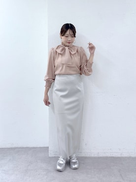 「La boutique BonBon（ラブティックボンボン）のボウタイシャーリングギャザーブラウス（シャツ/ブラウス、ピンク系）」を使った、Rikoさん（レディース・158cm）の夏コーディネート