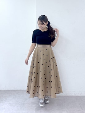 「La boutique BonBon（ラブティックボンボン）のドットオーガンサーキュラースカート（スカート、ブラウン系）」を使った、Rikoさん（レディース・158cm）の夏コーディネート