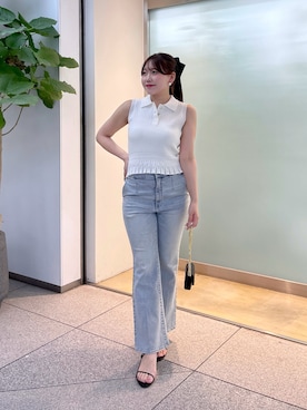 「La boutique BonBon（ラブティックボンボン）の変形リブポロ衿ノースリニット（ニット/セーター、ホワイト系）」を使った、Rikoさん（レディース・158cm）の夏コーディネート