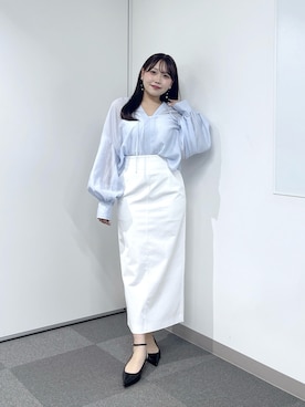 「La boutique BonBon（ラブティックボンボン）の【再販決定！】リボンボリュームスリーブシアーブラウス（シャツ/ブラウス、ブルー系）」を使った、Rikoさん（レディース・158cm）の春コーディネート