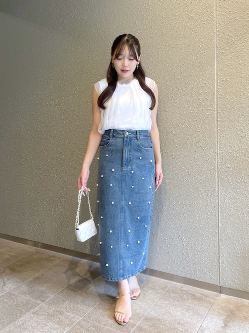 ラブティックボンボンパール付きデニムタイトマキシスカート セール】【名品・復刻！3サイズあり】パール付きデニムタイト