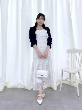 「La boutique BonBon（ラブティックボンボン）の【3サイズ展開あり】ドットプリントラッフルマーメイドキャミワンピース（ワンピース、ホワイト系）」を使った、Rikoさん（レディース・158cm）の春コーディネート