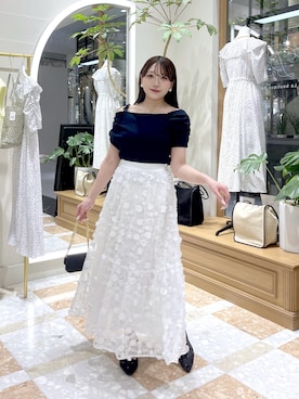「La boutique BonBon（ラブティックボンボン）の【今すぐお届け！】3Dレーススカート（スカート、ホワイト系）」を使った、Rikoさん（レディース・158cm）の春コーディネート