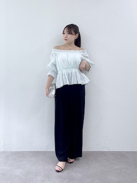 「La boutique BonBon（ラブティックボンボン）の【雨に日にもおすすめ】シャーリングギャザーブラウス（シャツ/ブラウス、グリーン系）」を使った、Rikoさん（レディース・158cm）の夏コーディネート
