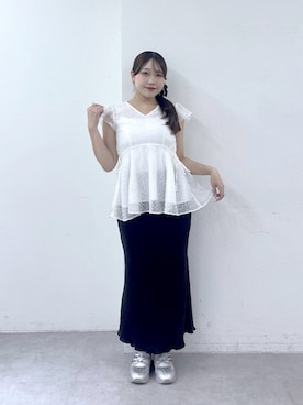 「La boutique BonBon（ラブティックボンボン）のカットドビーペプラムブラウス（シャツ/ブラウス、ホワイト系）」を使った、Rikoさん（レディース・158cm）の夏コーディネート