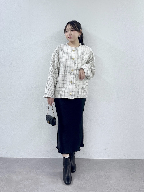 セール】【ゆるっと着れる】ツィード金ボタンジャケット（ノーカラー