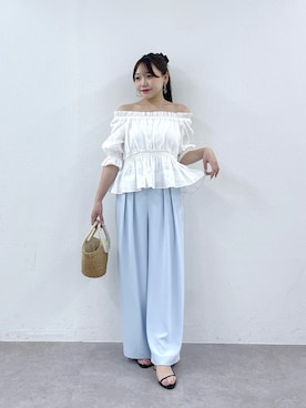 「La boutique BonBon（ラブティックボンボン）の【RISA監修・WEB限定カラーあり・ひんやりタッチ】夏向き２タックワイドパンツ（その他パンツ、ブルー系）」を使った、Rikoさん（レディース・158cm）の春コーディネート