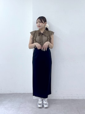 「La boutique BonBon（ラブティックボンボン）の【セット着用可能】スパンボイルチェックラッフルボウタイブラウス（シャツ/ブラウス、ブラウン系）」を使った、Rikoさん（レディース・158cm）の夏コーディネート