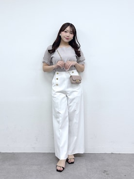 「La boutique BonBon（ラブティックボンボン）のシャーリング5分袖ラメニット（ニット/セーター、パープル系）」を使った、Rikoさん（レディース・158cm）の春コーディネート