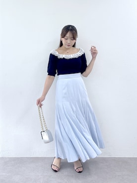 「La boutique BonBon（ラブティックボンボン）のレースフリルニット（ニット/セーター、ブルー系）」を使った、Rikoさん（レディース・158cm）の夏コーディネート