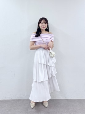 「La boutique BonBon（ラブティックボンボン）の【ヘルシーな肌見せ】オフショルテレコカットソー（Tシャツ/カットソー、ピンク系）」を使った、Rikoさん（レディース・158cm）の夏コーディネート