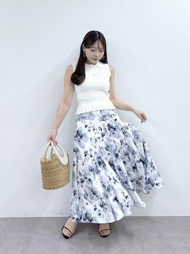 「La boutique BonBon（ラブティックボンボン）の変形リブポロ衿ノースリニット（ニット/セーター、ホワイト系）」を使った、Rikoさん（レディース・158cm）の夏コーディネート