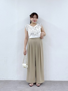 「La boutique BonBon（ラブティックボンボン）の【最強愛され】ドットプリントフリルブラウス（シャツ/ブラウス、ホワイト系）」を使った、Rikoさん（レディース・158cm）の春コーディネート