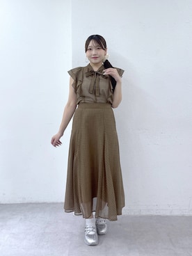 「La boutique BonBon（ラブティックボンボン）の【セット着用可能】スパンボイルチェックフレアスカート（スカート、ブラウン系）」を使った、Rikoさん（レディース・158cm）の夏コーディネート
