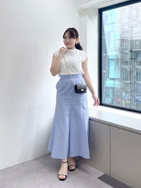 「La boutique BonBon（ラブティックボンボン）の【涼しくてきちんと見え】クールタッチUVハイネックフレンチニット（ニット/セーター、ホワイト系）」を使った、Rikoさん（レディース・158cm）の春コーディネート