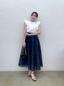 「La boutique BonBon（ラブティックボンボン）のホイップスリーブブラウス（シャツ/ブラウス、ホワイト系）」を使った、Rikoさん（レディース・158cm）の夏コーディネート