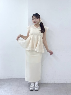 「La boutique BonBon（ラブティックボンボン）のカットドビーペプラムブラウス（シャツ/ブラウス、ピンク系）」を使った、Rikoさん（レディース・158cm）の夏コーディネート