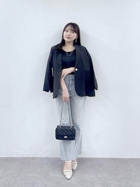 「La boutique BonBon（ラブティックボンボン）の【ロングシーズンおすすめ】シアーライトスラブシングルジャケット（テーラードジャケット、ブラック系）」を使った、Rikoさん（レディース・158cm）の春コーディネート