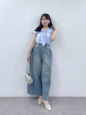 「La boutique BonBon（ラブティックボンボン）のフリルボウタイブラウス（シャツ/ブラウス、ブルー系）」を使った、Rikoさん（レディース・158cm）の春コーディネート