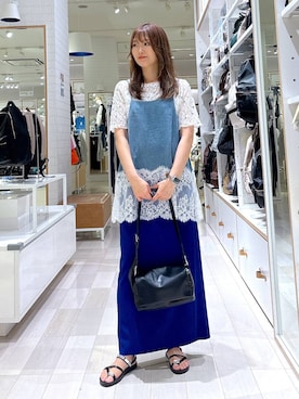 「GLOBAL WORK（グローバルワーク）のストレッチ総レースプルオーバー半袖/647594（Tシャツ/カットソー、ホワイト系）」を使った、asamiさん（レディース）の夏コーディネート
