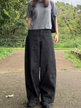 「GU（ジーユー）のアイテム（ニット/セーター、グレー系）」を使った、yuyuさん（レディース・160cm）の秋コーディネート