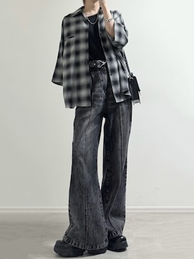 「cussil（クシル）の【cussil/クシル】TRストレッチルーズシルエット2wayオープンカラーシャツ（シャツ/ブラウス、ブラック系）」を使った、ユウさん（メンズ・182cm）の春コーディネート