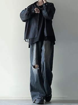 ワイドシルエット サイドベルト付きダメージ加工デニムパンツMASONPRINCE MASONPRINCE ジーンズ ワイドシルエット サイドベルト付き