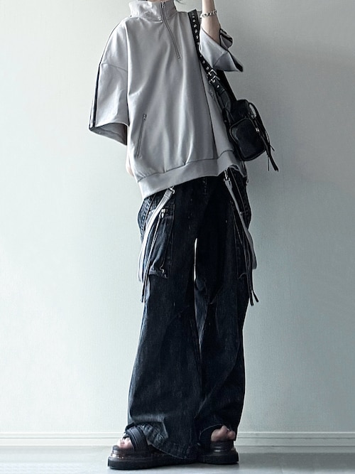 LILLルーズシルエットハイウエストサスペンダーZIPポケットデニムカーゴパンツ ルーズシルエットハイウエストサスペンダーZIPポケットデニム
