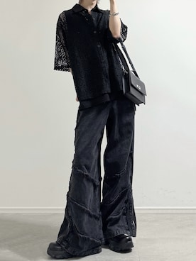 「cussil（クシル）の【cussil/クシル】 ルーズシルエットクロシェレースレギュラーカラー半袖シャツ（シャツ/ブラウス、ブラック系）」を使った、ユウさん（メンズ・182cm）の春コーディネート