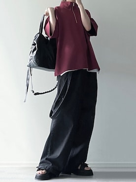 「LILL（リル）のサイドスリットコットンポンチビッグシルエットドレープ5分袖ハーフジップカットソー（Tシャツ/カットソー）」を使った、ユウさん（メンズ・182cm）の夏コーディネート
