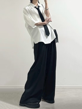 「cussil（クシル）の【cussil】TRストレッチルーズシルエット2wayオープンカラーシャツ（シャツ/ブラウス、ホワイト系）」を使った、ユウさん（メンズ・182cm）の春コーディネート