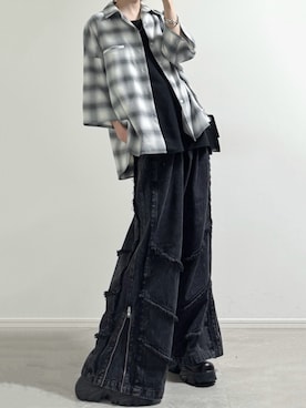 「cussil（クシル）の【cussil/クシル】TRストレッチルーズシルエット2wayオープンカラーシャツ（シャツ/ブラウス、ホワイト系）」を使った、ユウさん（メンズ・182cm）の春コーディネート
