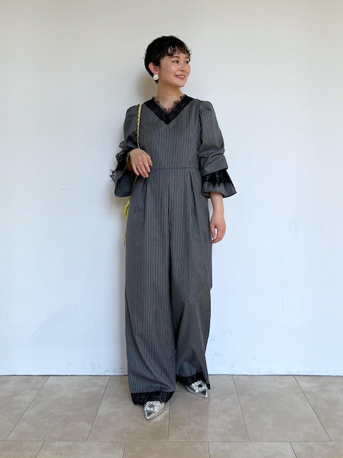 セール】【VIS DRESS】ピンストライプレースオールインワン【洗える